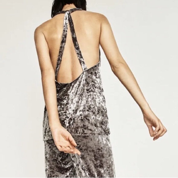 Zara Woman Silver Crushed Velvet Open Back Tank Top - Picture 2 of 6